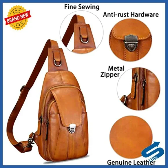 Genuine Leather Crossbody Sling Backpack Daypack with 5 Pockets